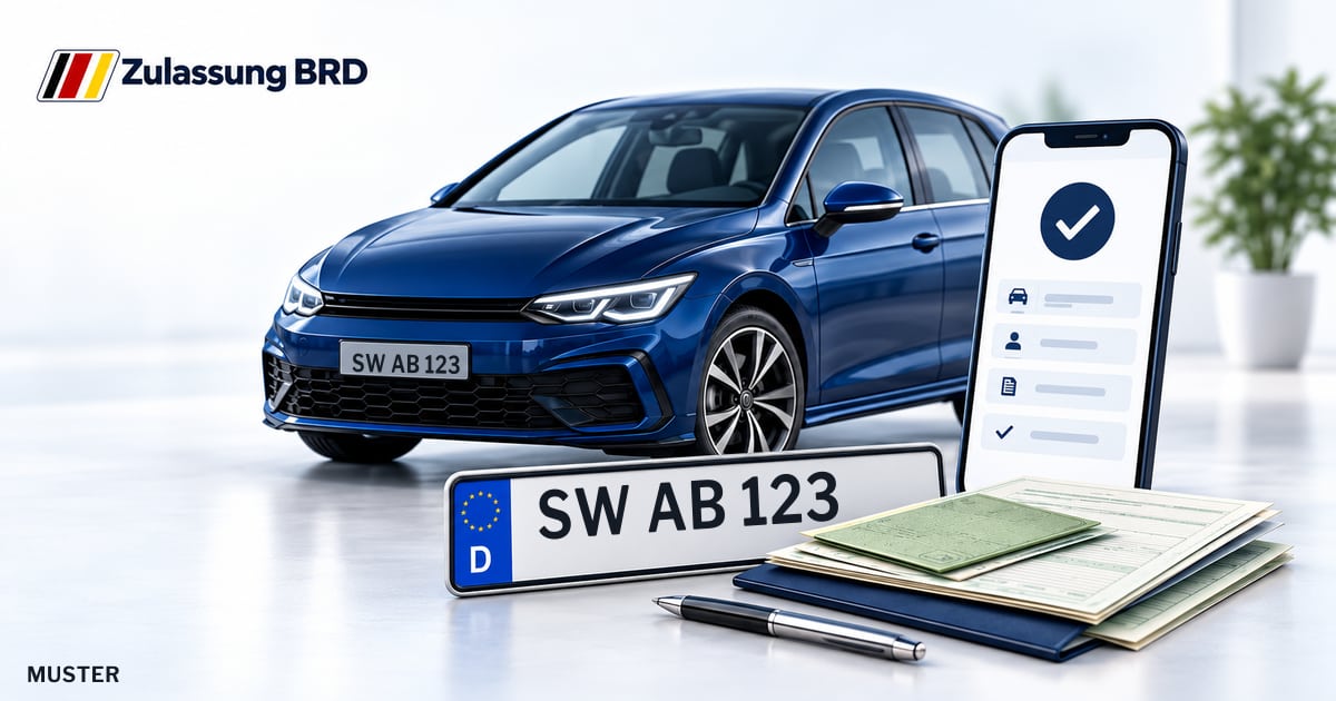 Online Fahrzeugzulassung in Schweinfurt: Musterkennzeichen SW AB 123, Auto und Fahrzeugpapiere und Smartphone. Illustration mit Logo von Zulassung BRD.